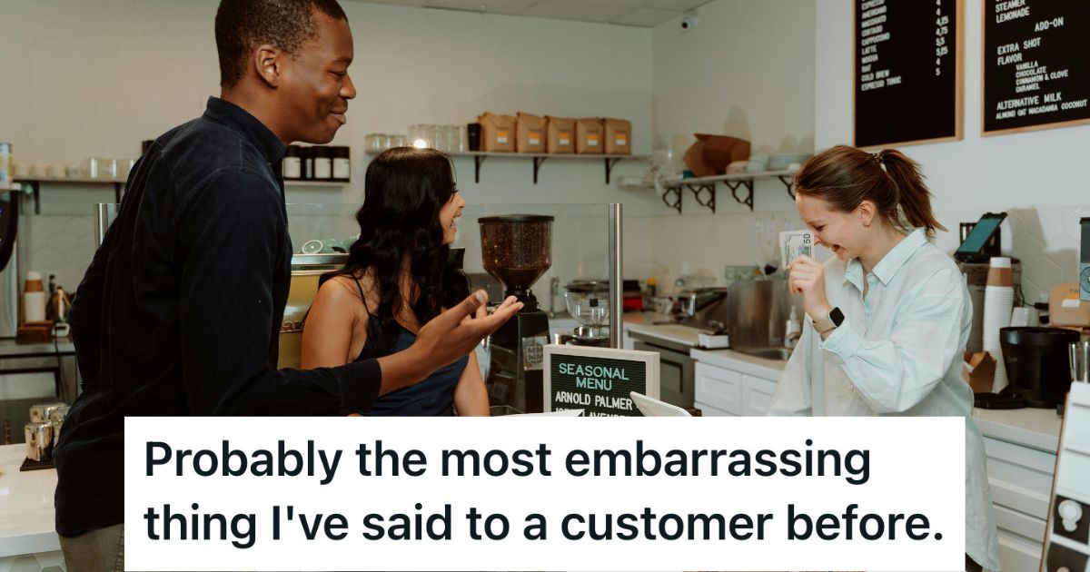 Customers and cashier laughing
