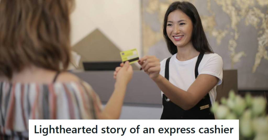 Woman working express cashier and taking a credit card