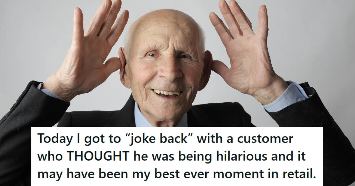 Old man holding his hands near his ears in a joking fashion