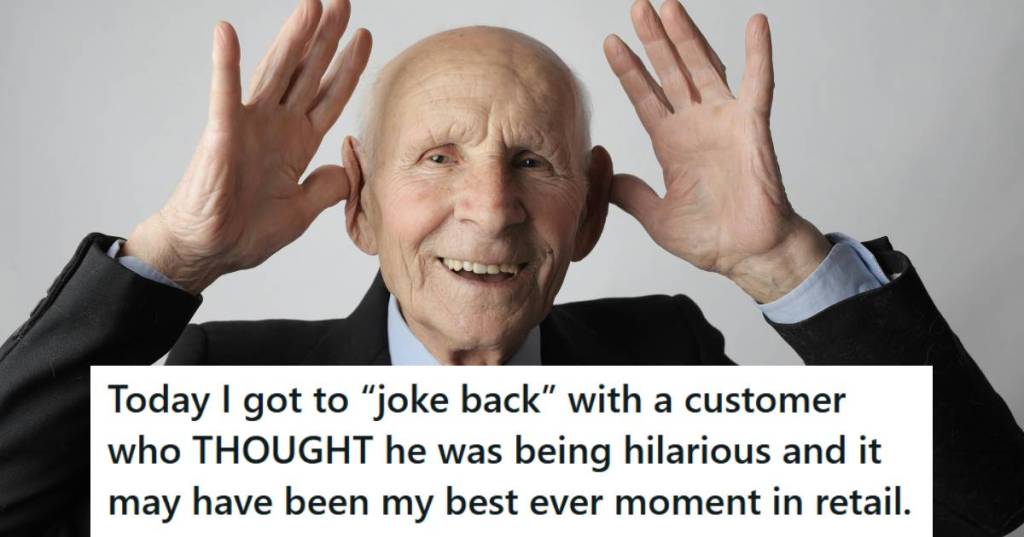 Old man holding his hands near his ears in a joking fashion