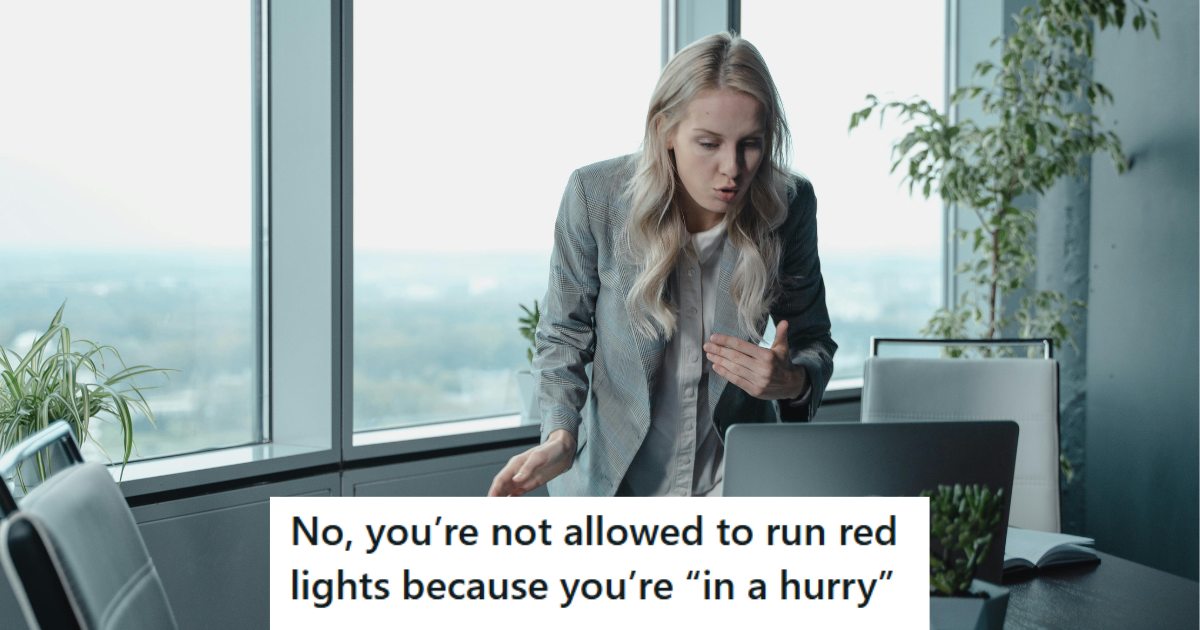 Woman in grey suit frustrated at work