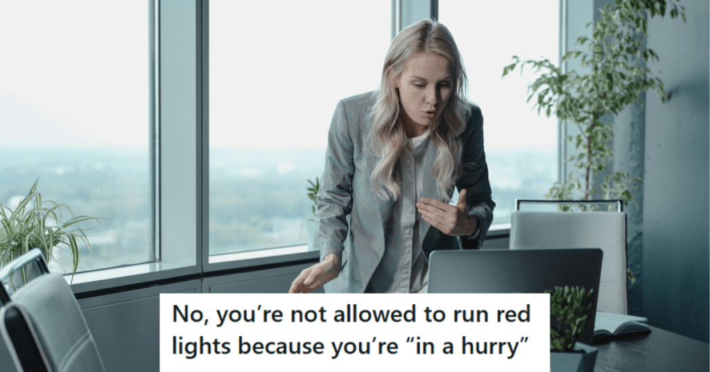 Woman in grey suit frustrated at work