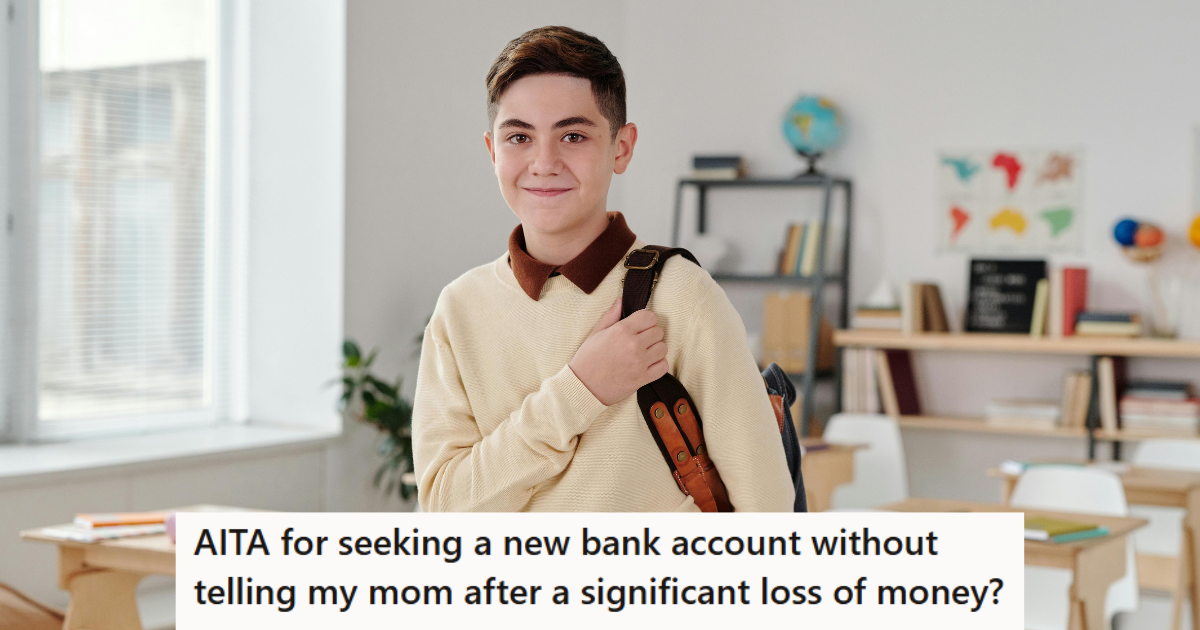 Boy holding back pack in a classroom