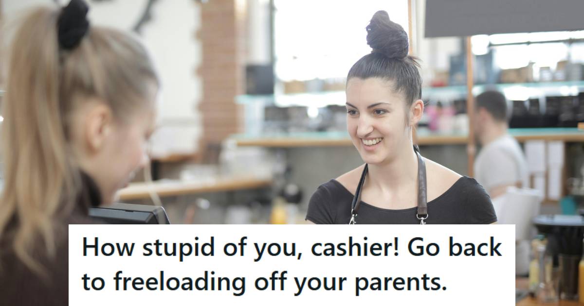 Teen cashier working in a grocery store, helping a customer
