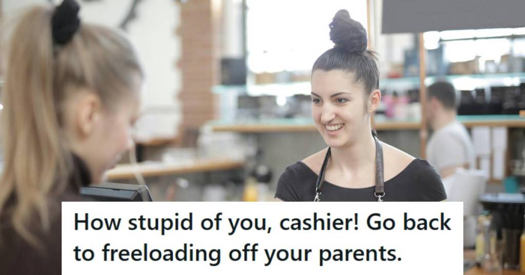 Teen cashier working in a grocery store, helping a customer