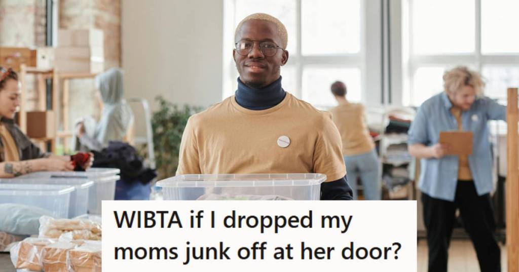 Man holding a bin full of items his mom left at his house