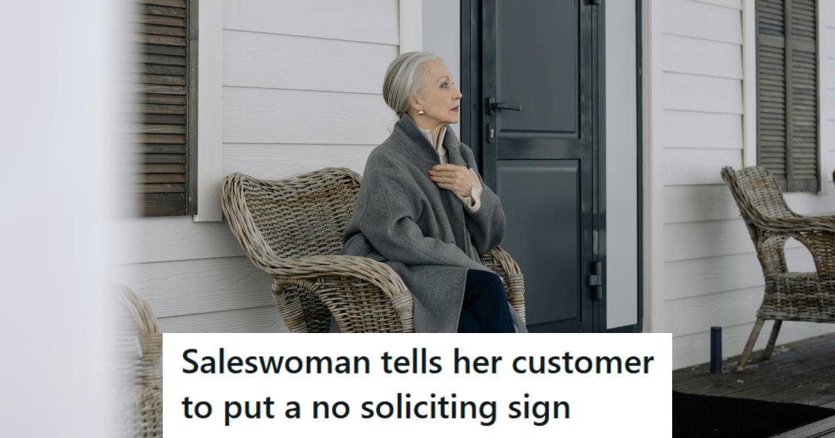 Older woman sitting on her porch after getting rid of a rude saleswoman