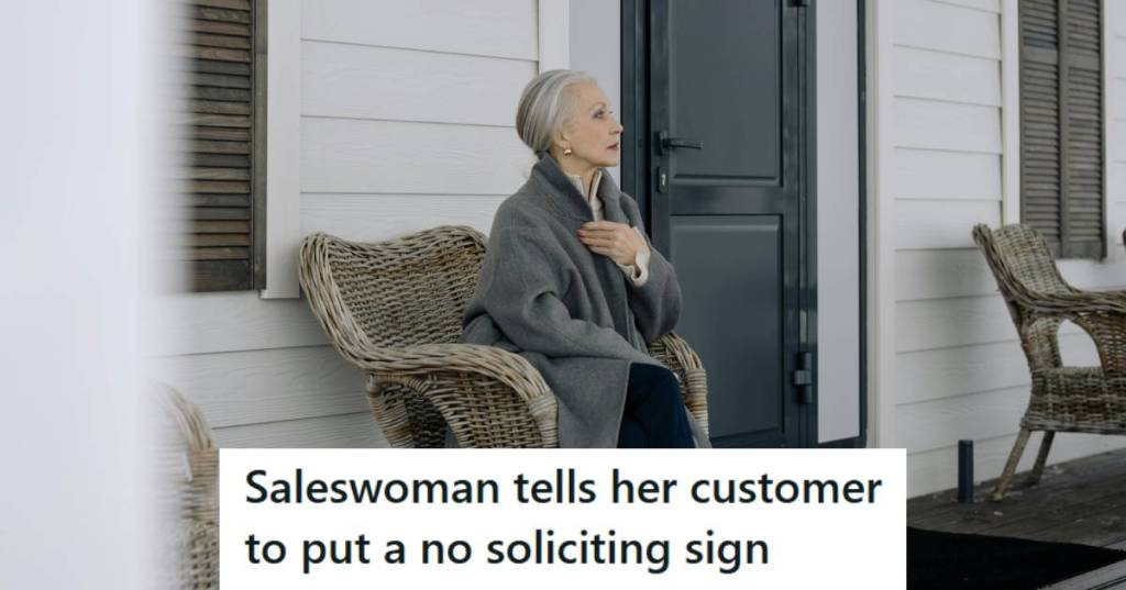 Older woman sitting on her porch after getting rid of a rude saleswoman