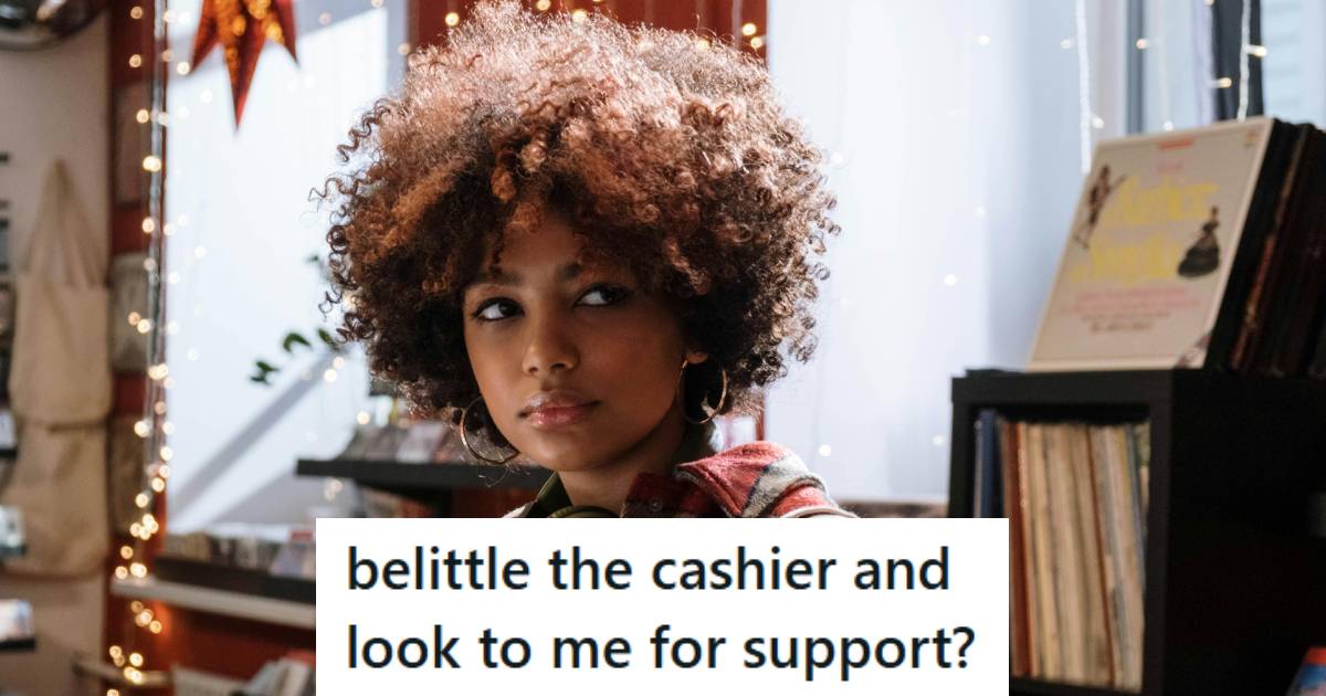 Woman watching another shopper be rude to a cashier