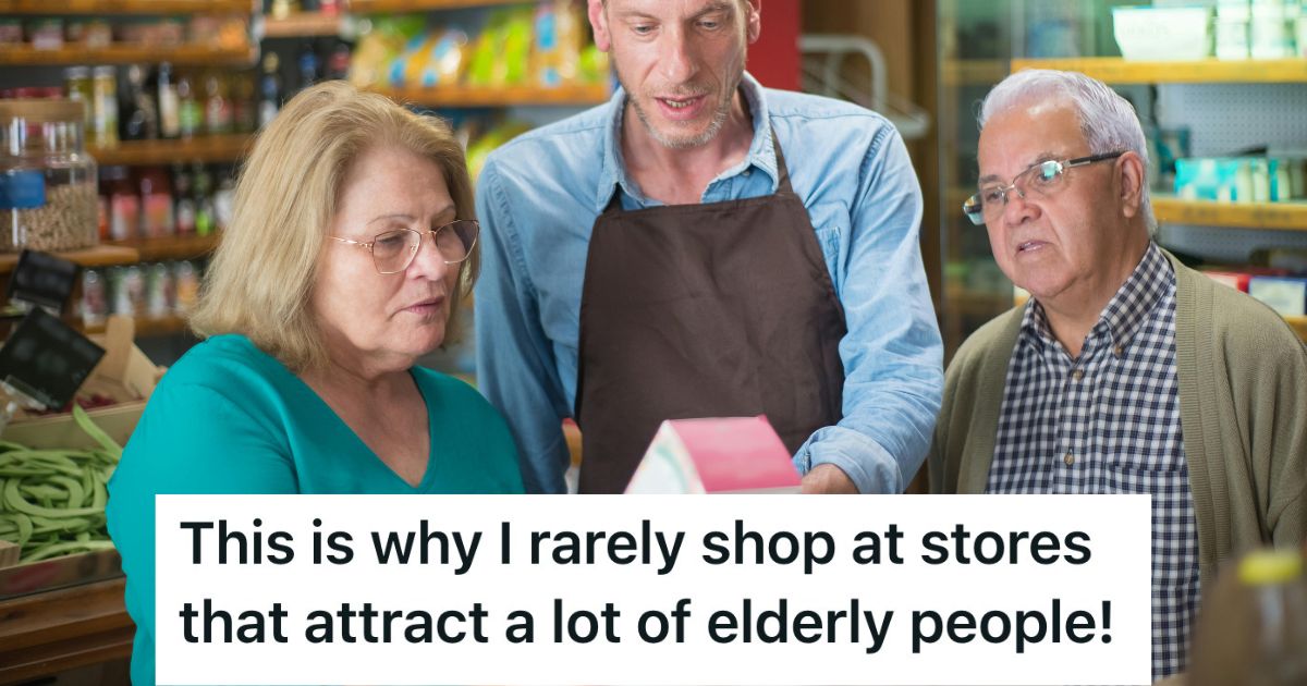 Man Got Stuck Behind Older Shoppers Complaining About Prices To The Cashier, So He Got Delayed And Missed His Bus Store employee assisting older couple