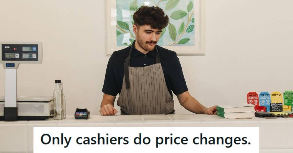 Man working the check out because they're short-staffed