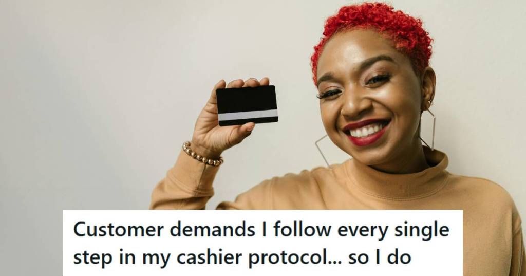 Cashier holding up a credit card, recounting a story