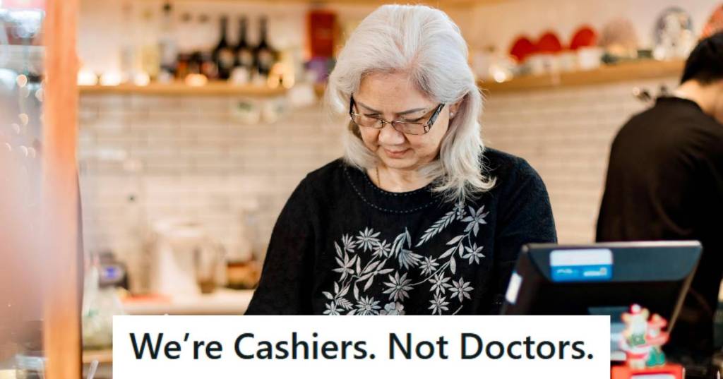 Older lady reading the Rogaine box at the cash register