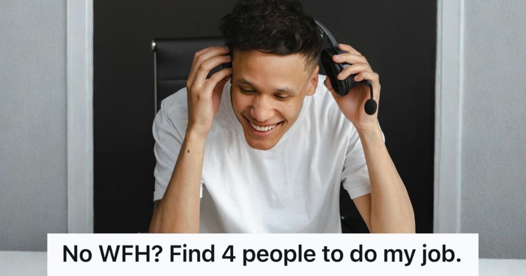 man giggling taking off headset