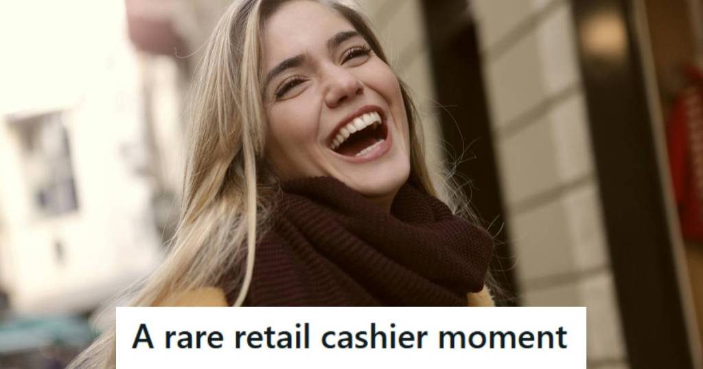 Cashier smiling because of a free scarf