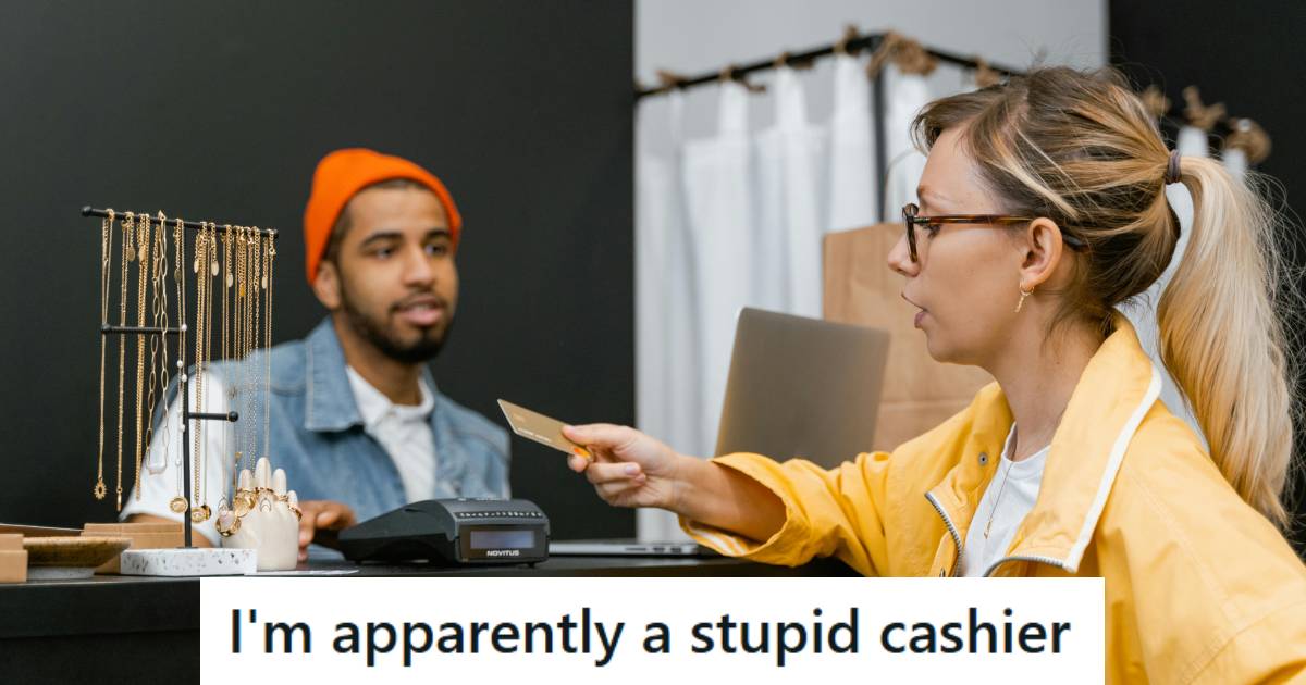 Man working as a cashier, telling a customer her card was declined