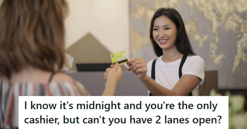 Teen cashier smiling and assisting a friendly customer