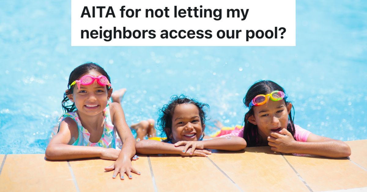 three kids in a swimming pool.