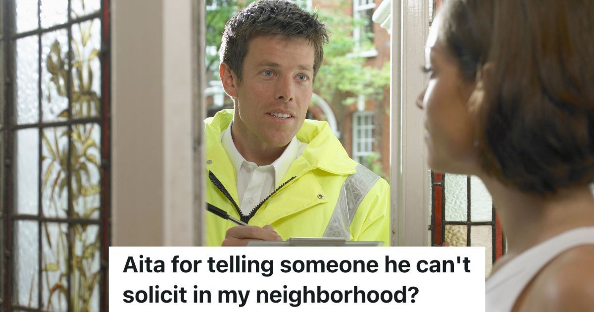Woman Tries To Warn Man Who Knocks On Her Door About The Neighborhoods No Soliciting Policy, But Her Coworker Thinks She Was Just Being Rude woman talking to salesman at the front door