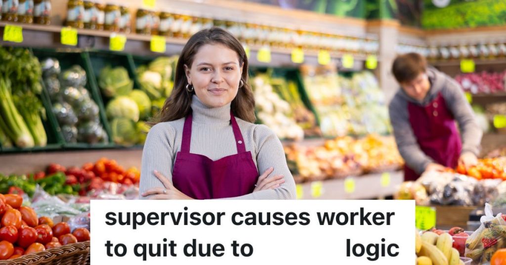 young woman in apron working in produce section of grocery store