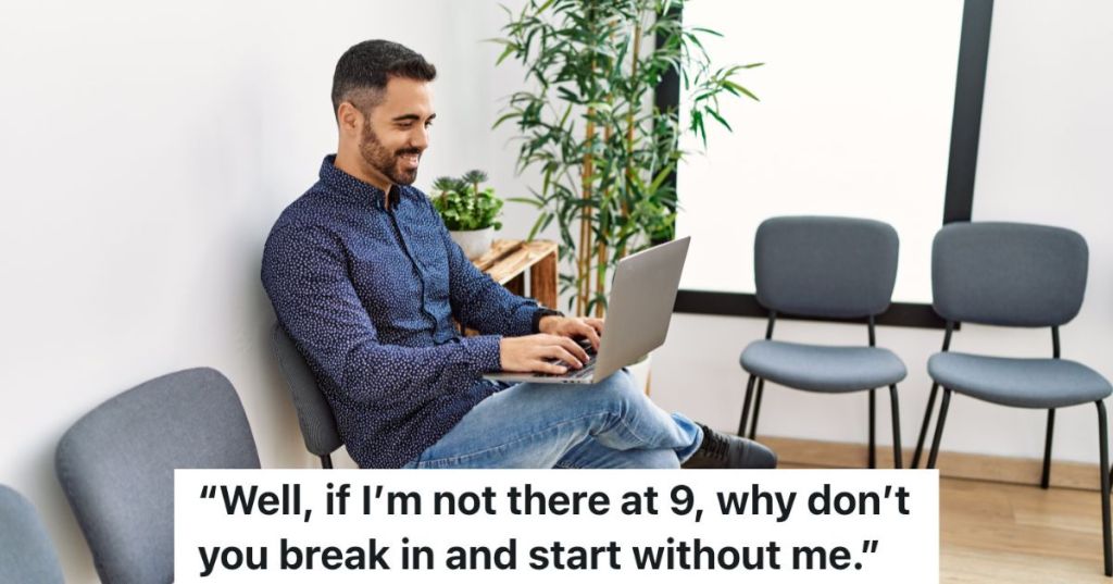 man sitting in a waiting room with a laptop