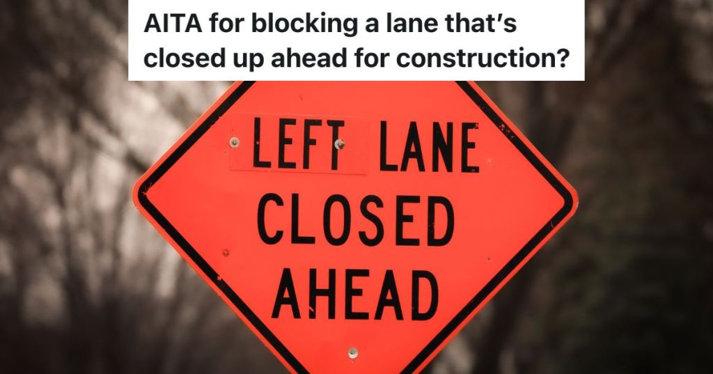 orange sign that reads "left lane closed ahead"