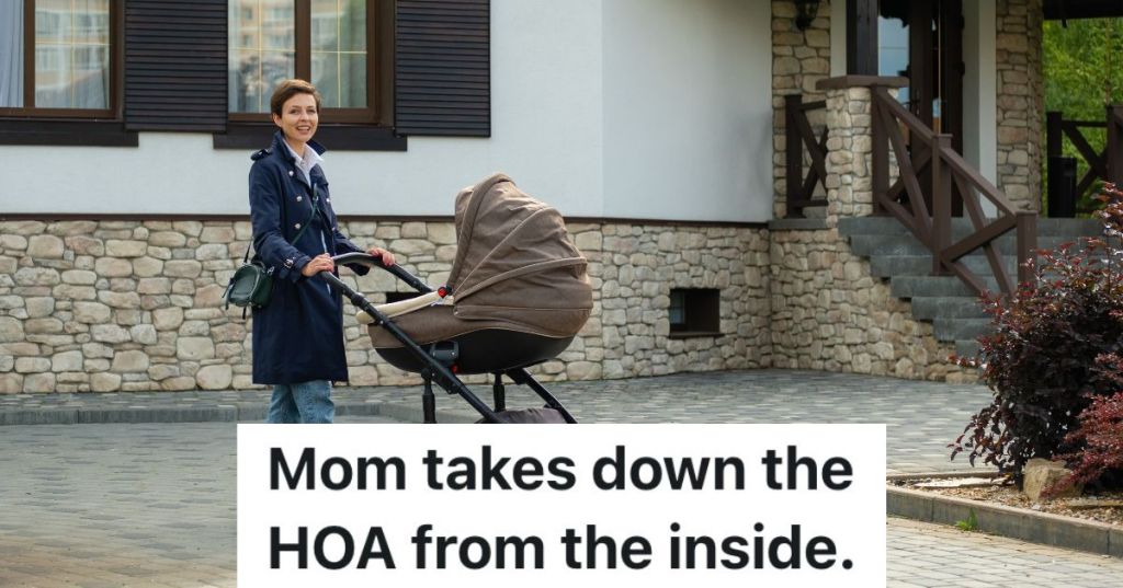 mom pushing stroller in front of house