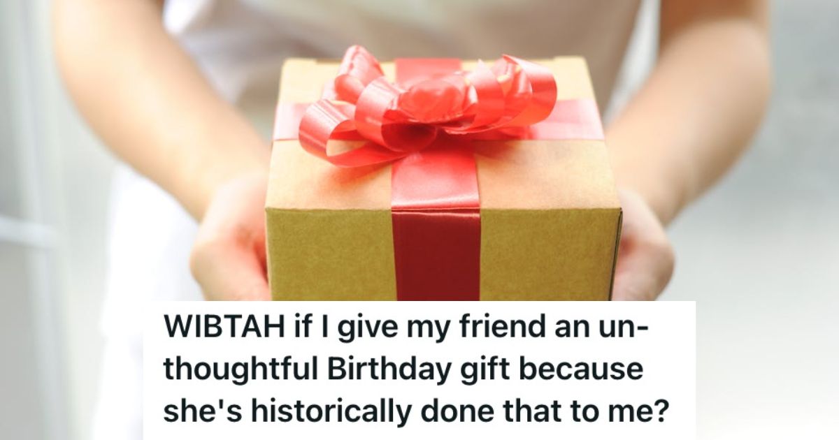 Person handing a wrapped gift with ribbon