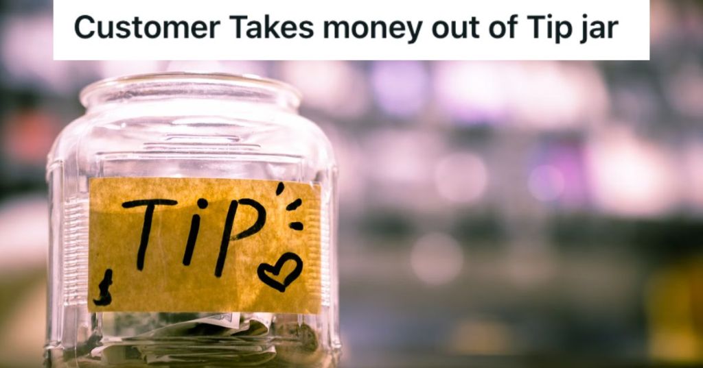 Tip jar with coins and bills inside