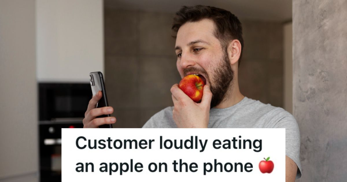 Employee Answered A Call From A Customer Who Was Loudly Eating An Apple Over The Phone, So He Couldnt Understand What He Was Saying Man taking a bite of an apple while looking at his phone
