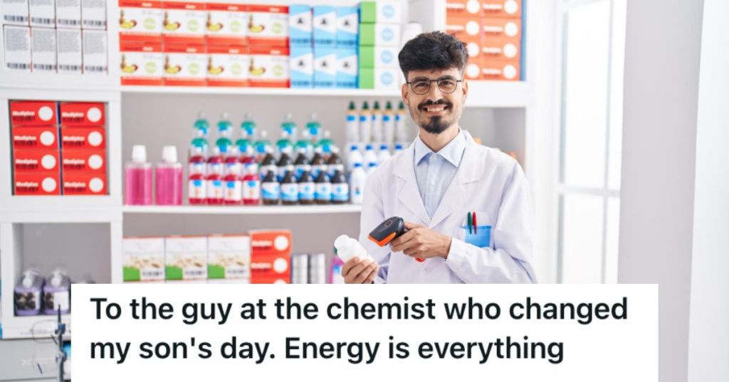 Male phramacist smiling while scanning a bottle of medicine