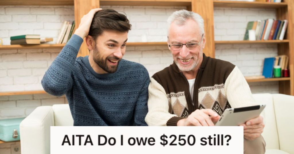 Young man and grandfather looking at a tablet and smiling