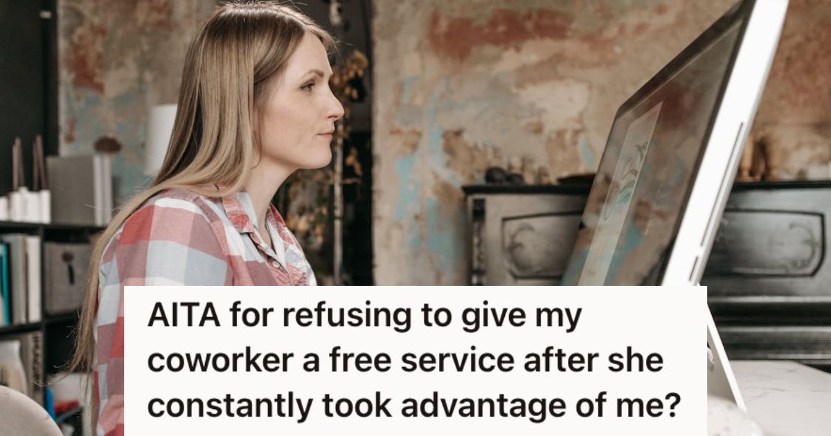 Woman Helped A Coworker With Small Graphic Designs For Free, But She Refused To Create A Full Brochure For Her Without Getting Paid Woman doing graphic art on her Mac computer