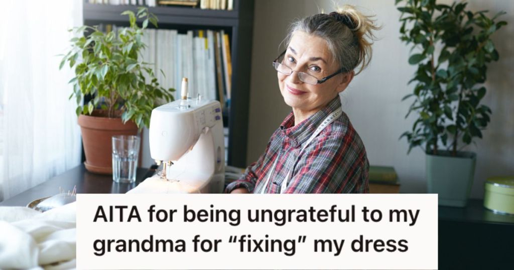Grandmother hemming a dress using a sewing machine