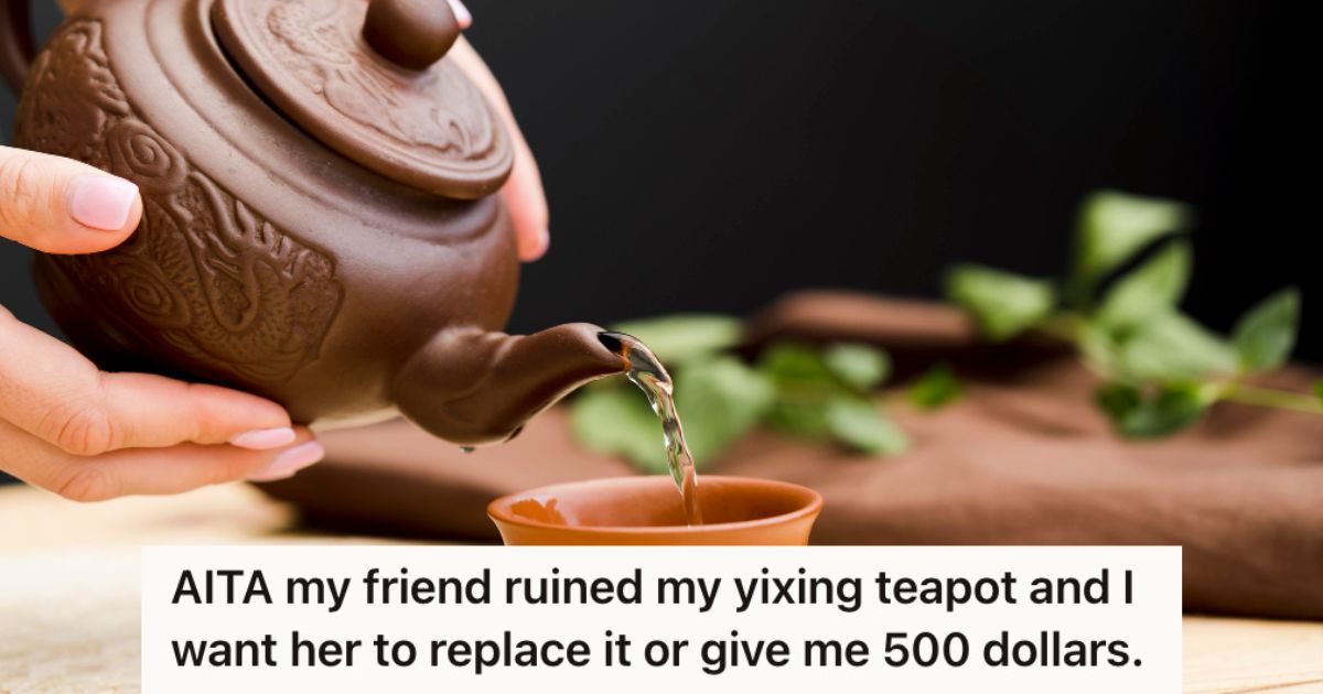 Person pouring tea from a clay teapot to a cup