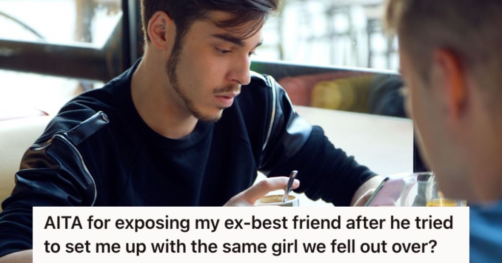 Man looking at his phone and drinking coffee with another person