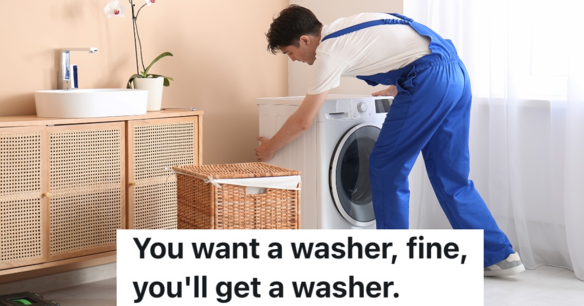 Renters Take Washer And Dryer With Them When They Move Out, So The Landlord Threatens To Keep The Security Deposit man installing a washing machine