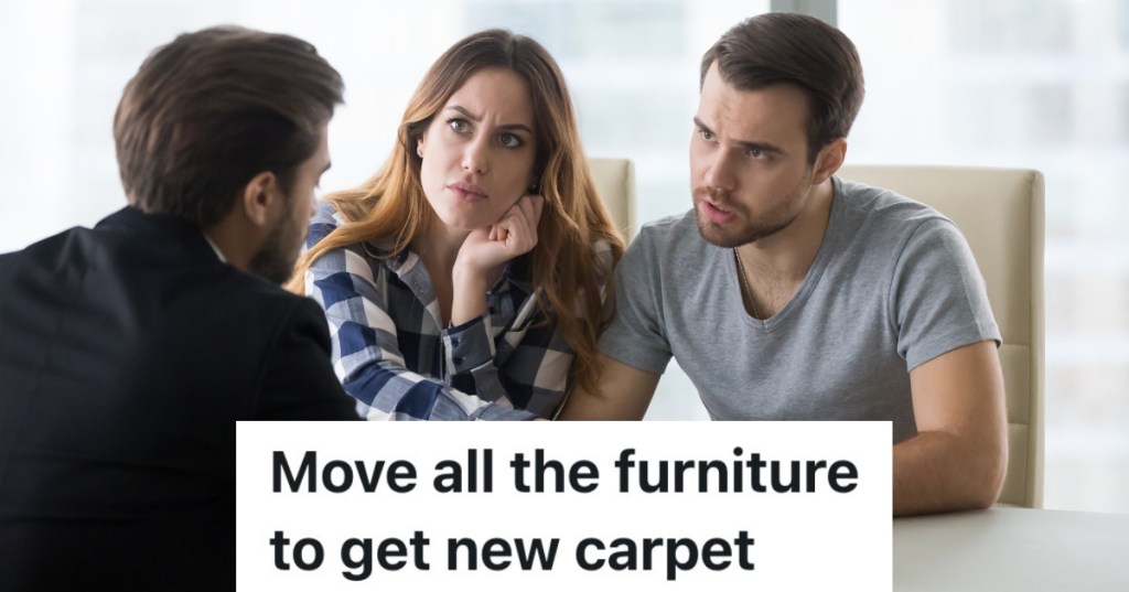 frustrated couple talking to businessman