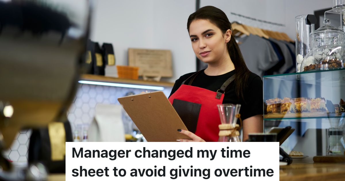 Employee Works An Hour Of Overtime, But The Manager Changed Her Time Sheet So That It No Longer Looks Like She Did woman in red apron holding clipboard
