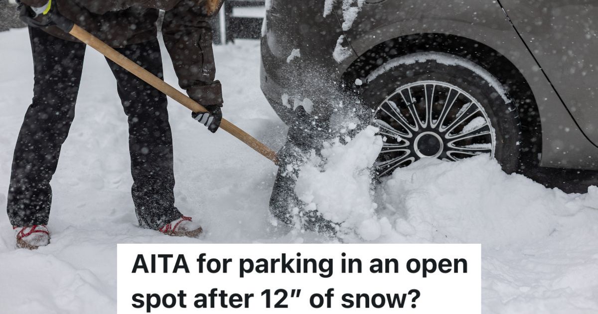 Renter Starts To Park In An Open Parking Spot At Their Apartment Complex, But A Neighbor Gets So Upset They Move Their Car woman shoveling snow in parking lot