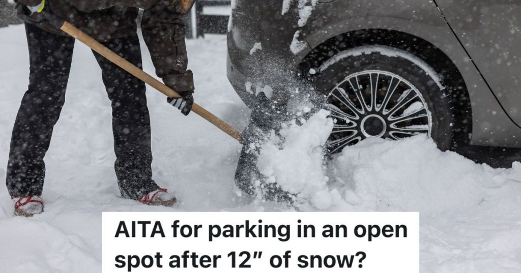 woman shoveling snow in parking lot