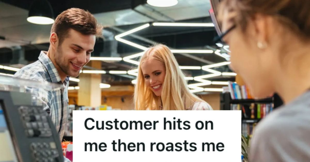 Cashier ringing up items of male and female customers