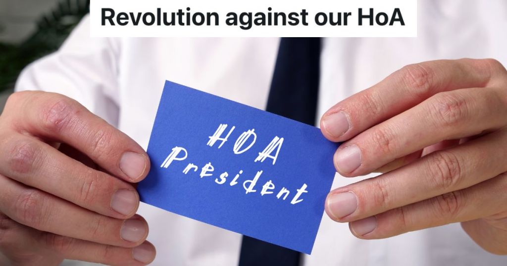 businessman holding out a blue card that reads "HOA president"