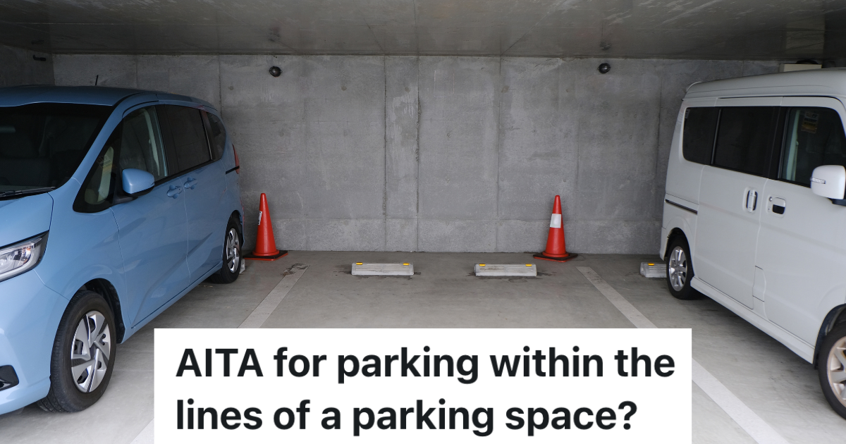 two cars parked in parking garage with an empty space between them