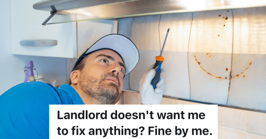 man holding a screwdriver and looking up at a kitchen hood air filter