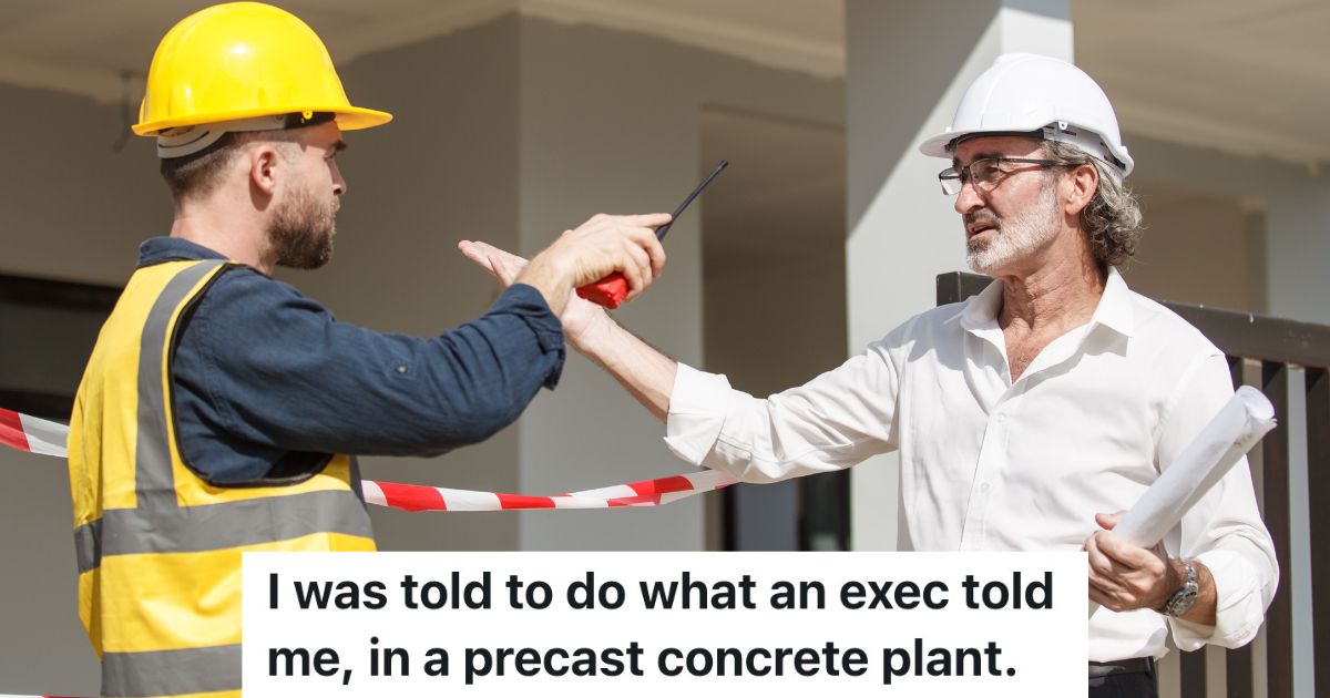 Executive Orders Concrete Mixer Operator To Turn On The Machine, But It Creates A Huge Mess That The Executive Didnt Understand Until It Was Too Late executive talking to construction worker
