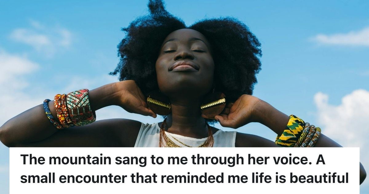 Woman In Bad Mood Encounters Beautiful Voice And Feels Happy Again After Meeting The Singer And Listening To The Rest Of Her Song Woman with closed eyes holds her head toward the sky