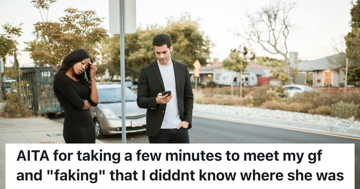 Man Tells His Girlfriend He Was Late Because He Couldnt Find Her, But Actually He Was Chatting With Friends Man and woman looking angry at bus stop