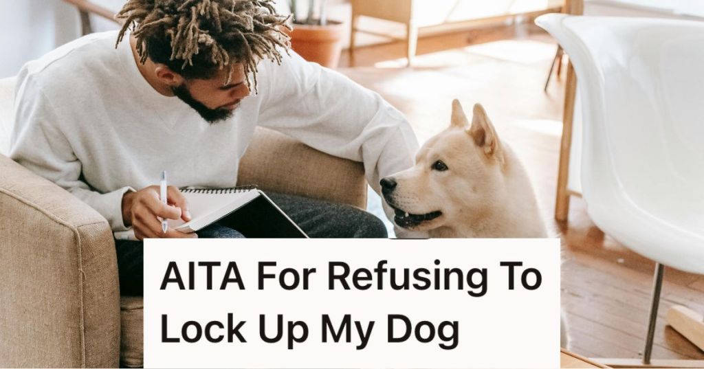Man petting a big dog in the living room