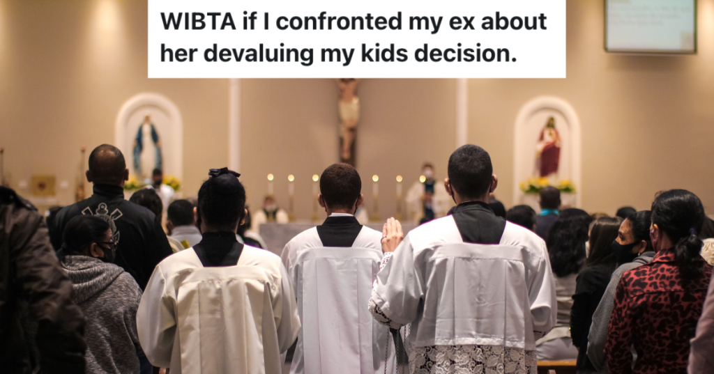Backs of people standing in a church while clergy walk down the aisle.